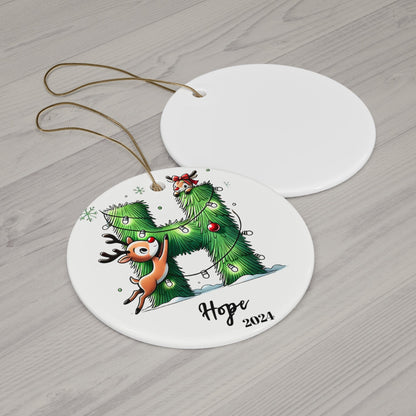 White Green Initial Letter H English Alphabet Monogrammed Custom Flat Circle Ceramic Ornament 2024 3mm | Hanging Tree Gift for Baby's First Christmas