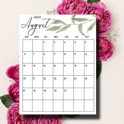 printed 2023 august calendar a4 sheet with pink flowers in background