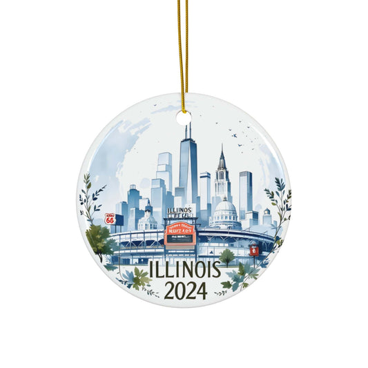 Blue White ILLINOIS State Flat Ceramic Bauble 2024 for Christmas (3mm) - Circle Shape | Artist-Designed Flat Circle | Unique Gift Ideas for Family, Friends & Coworkers