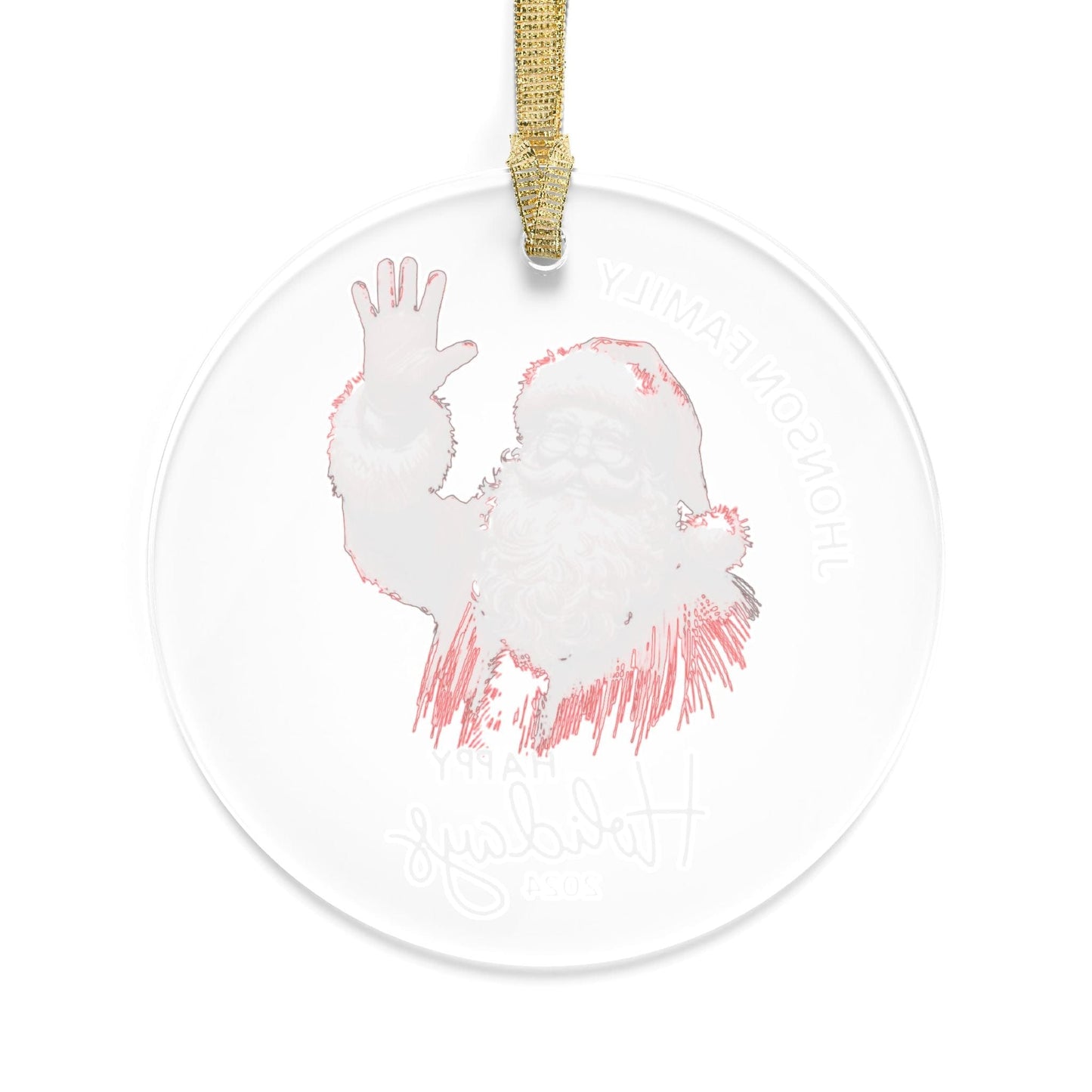 Red White 2024 Custom Family Name Acrylic Ornament for Christmas Waving Santa Happy Holidays (3.5inch) - Circle Shape | Unique Holiday Gift Decor