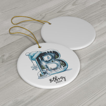 Blue Iceland "B" Initial Monogram Custom Kids Porcelain Ornament 2024 (3mm) - Circle Shape | Baby Shower Gift/New Baby Gift