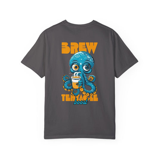 Funny Brewing Octopus Cotton Graphic T-shirt Back Print Unisex - Graphite/Pepper, Trendy Coffee Lover Shirt