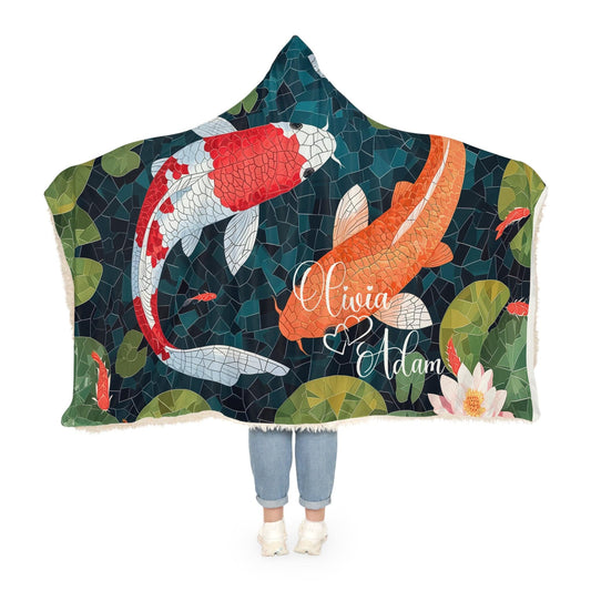 Wearable Koi Fish in Pond with Personalized Couple Name (203 x 140 cm) - Sherpa Blanket Hoodie for Women - Stained Glass Effect