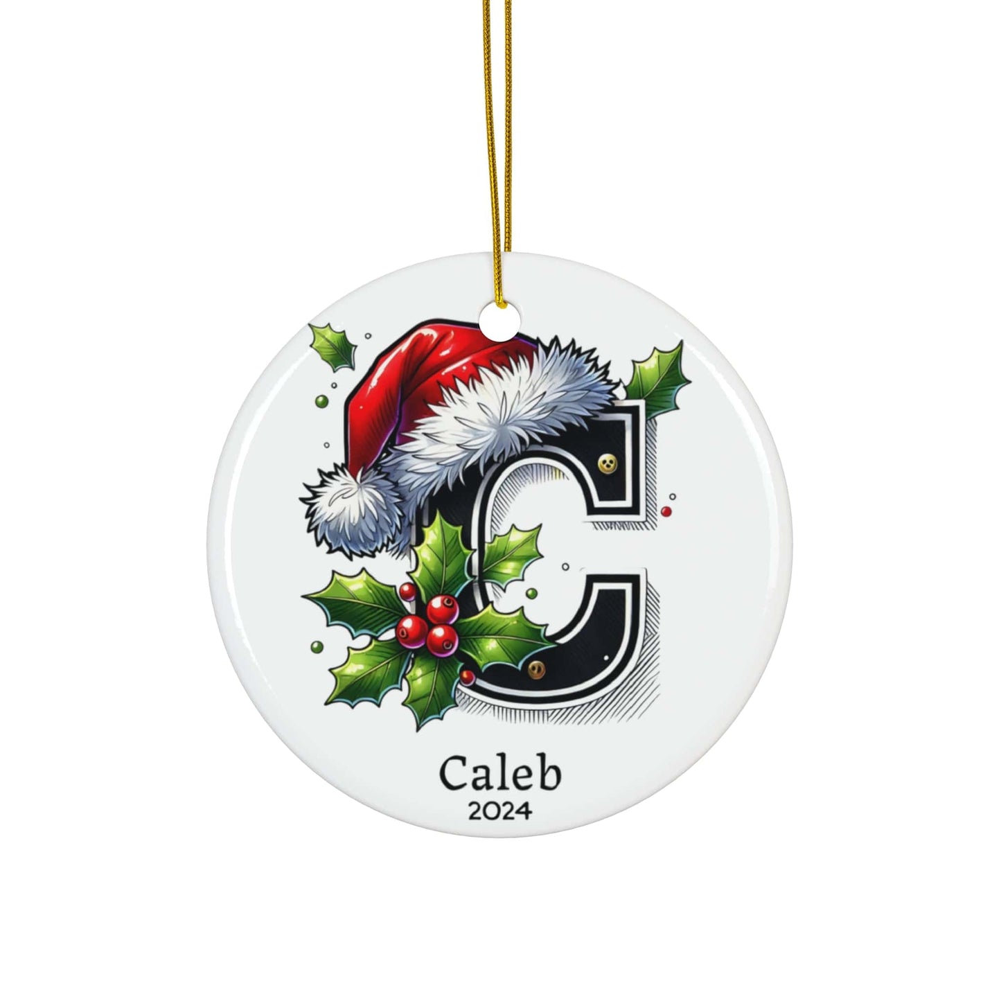 Red & Black "C" Letter Monogram Custom Christmas Bauble with Name 2024 (3mm) - Circle Shape | Family Cute Xmas Decor