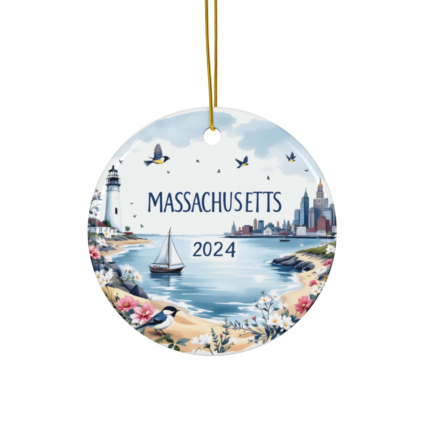 2024 MASSACHUSETTS State Ornament - Blue White Ceramic Circle Bauble (3mm) | Unique Artist-Designed Gift for Christmas, Home Decor, Collectors & Travel Enthusiasts