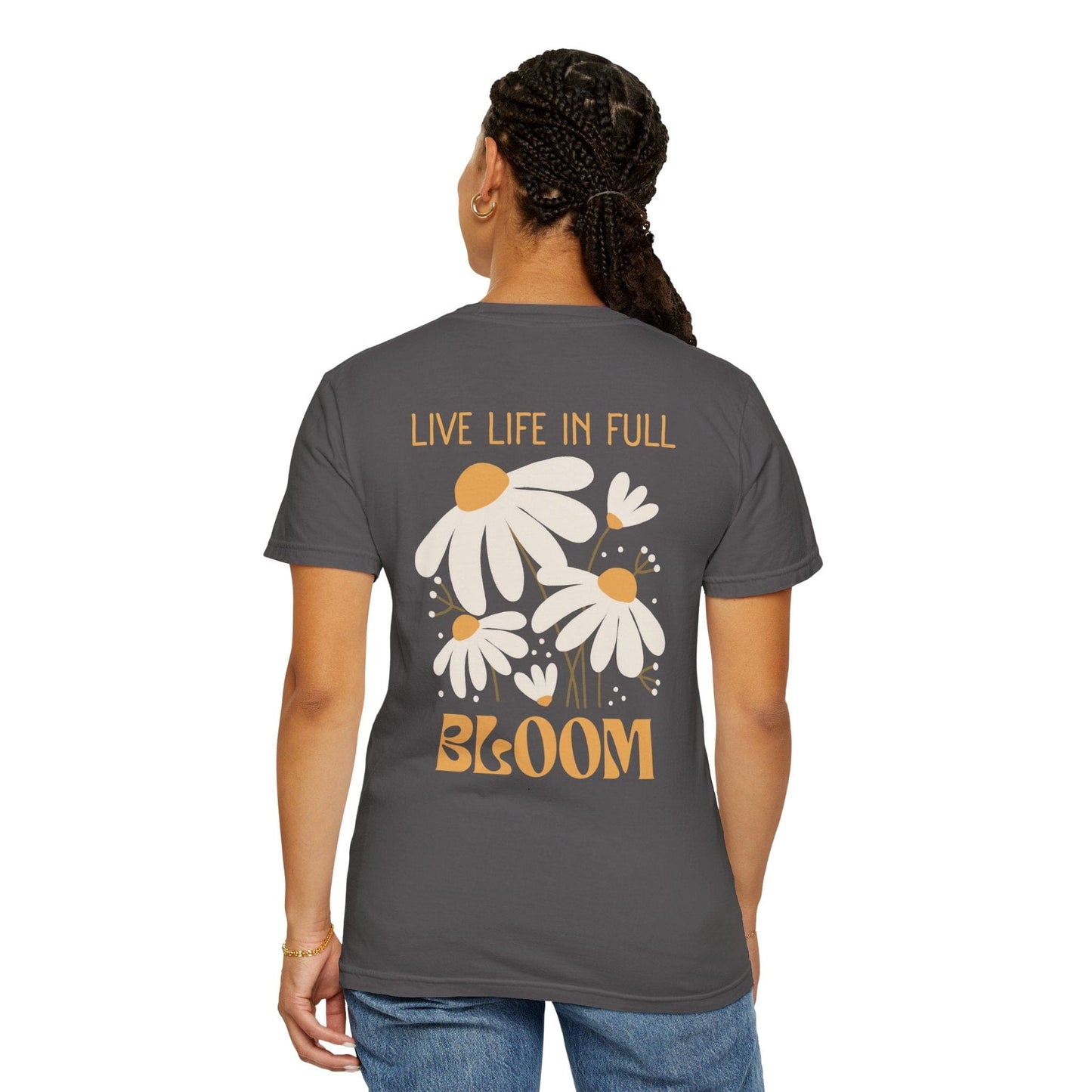 Life In Full Bloom Floral Back Print Graphic Tee for Women - Graphite/Black, Abstract Flower Nature Shirt