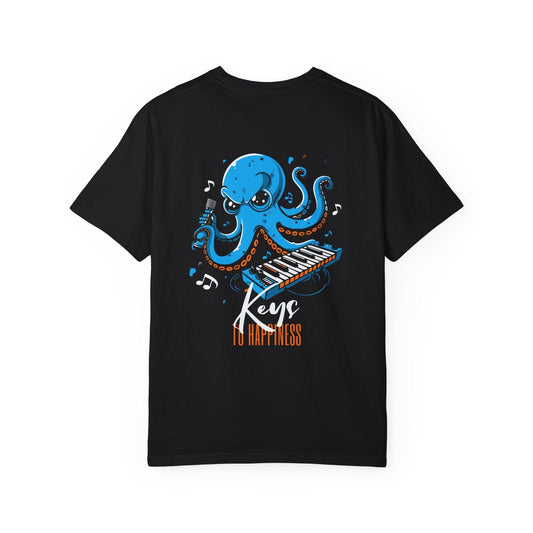 Keys to Happiness Oversized Funny Octopus Graphic Tee Back Print Unisex - Black/Graphite, Gift for Paino Lover