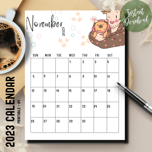 Blank November 2023 calendar in A4 size, decorated with playful chibi characters, perfect for engaging kids in planning.