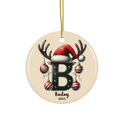 Beige "B" Letter Name Personalized Christmas Porcelain Ornament 2024 (3mm) - Circle Shape | Holiday Keepsake Tree Decoration