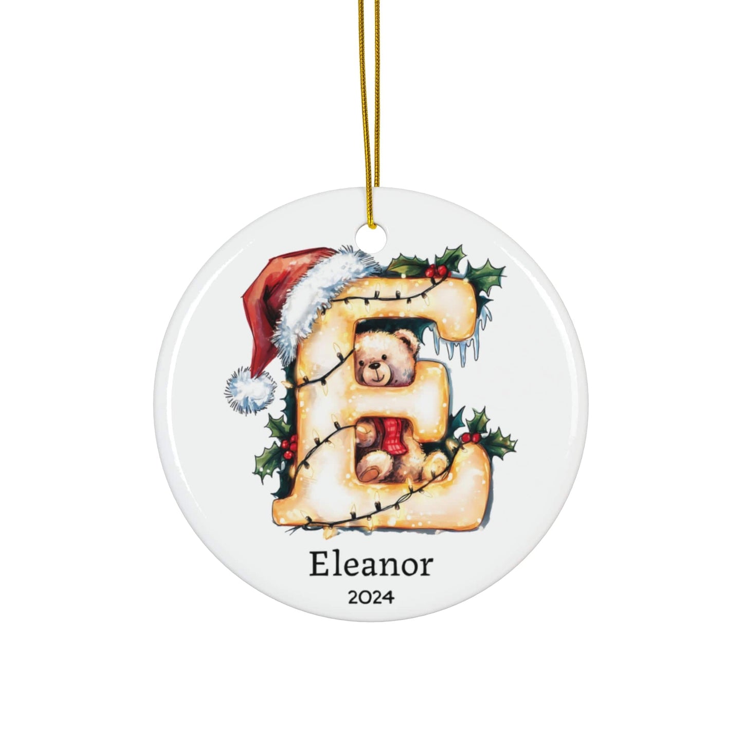 White Golden Letter "E" Bear Custom Christmas Ceramic Round Dated Ornament 2024 (3mm) - Circle Shape | Xmas Tree Name Gift