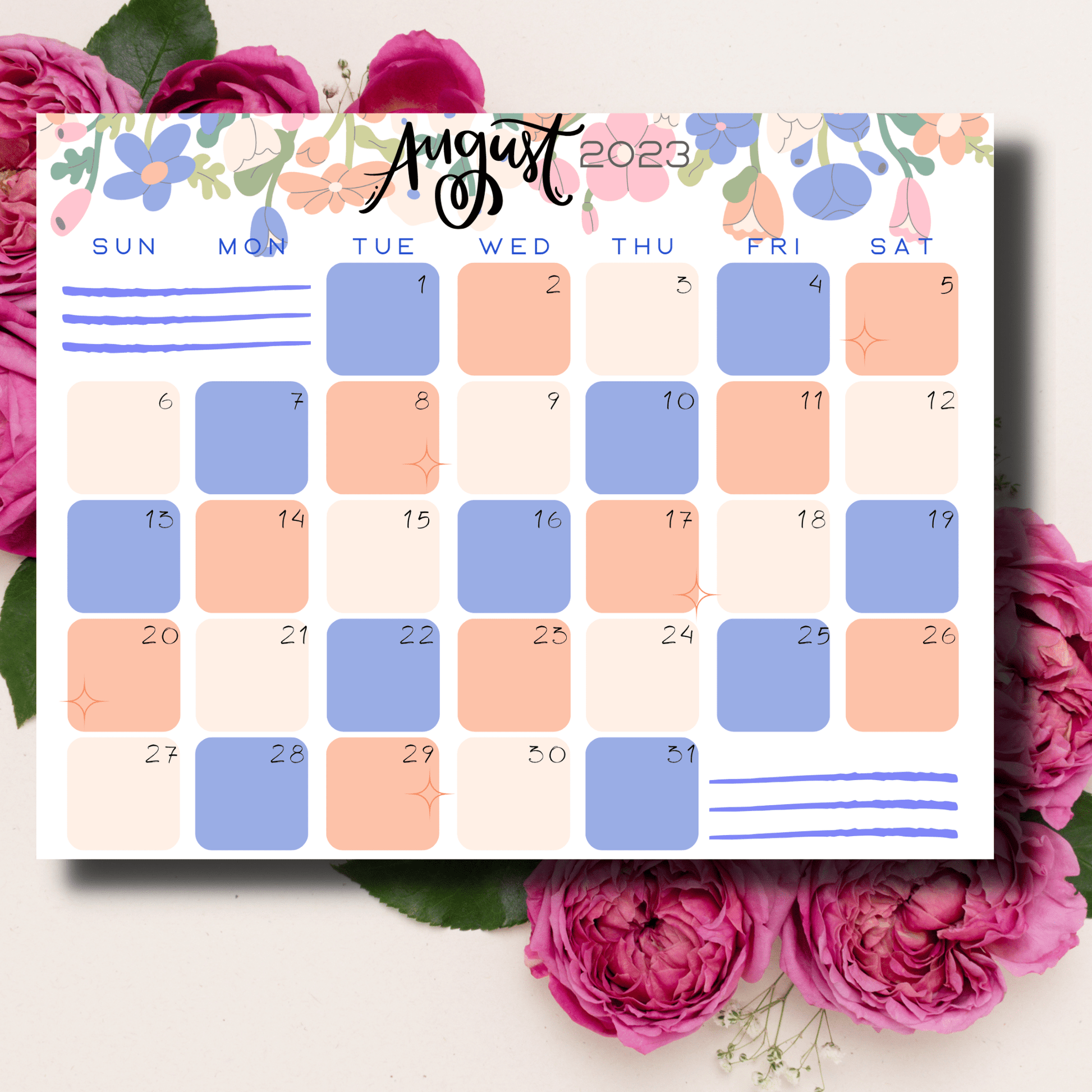 Printable landscape-oriented August 2023 calendar, enhanced by intricate floral patterns on its borders.