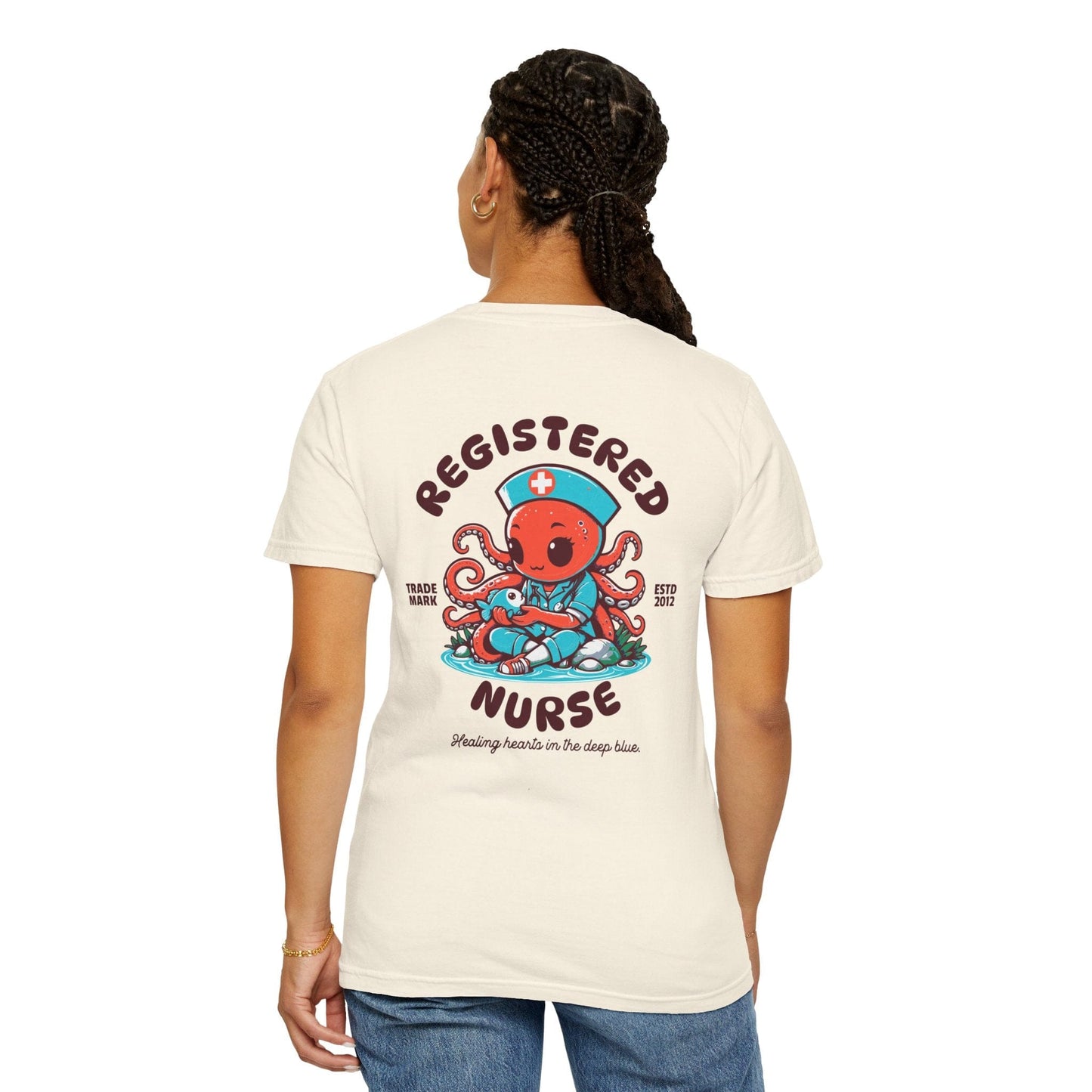 Funny Registered Nurse Octopus Graphic Shirt Women with Back Print - Ivory/Graphite, Gift for RN Nurse Week