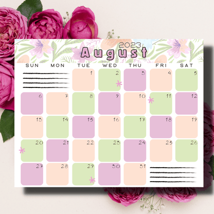 Landscape-oriented August 2023 calendar with nostalgic floral motifs, optimized for jotting down school notes and events