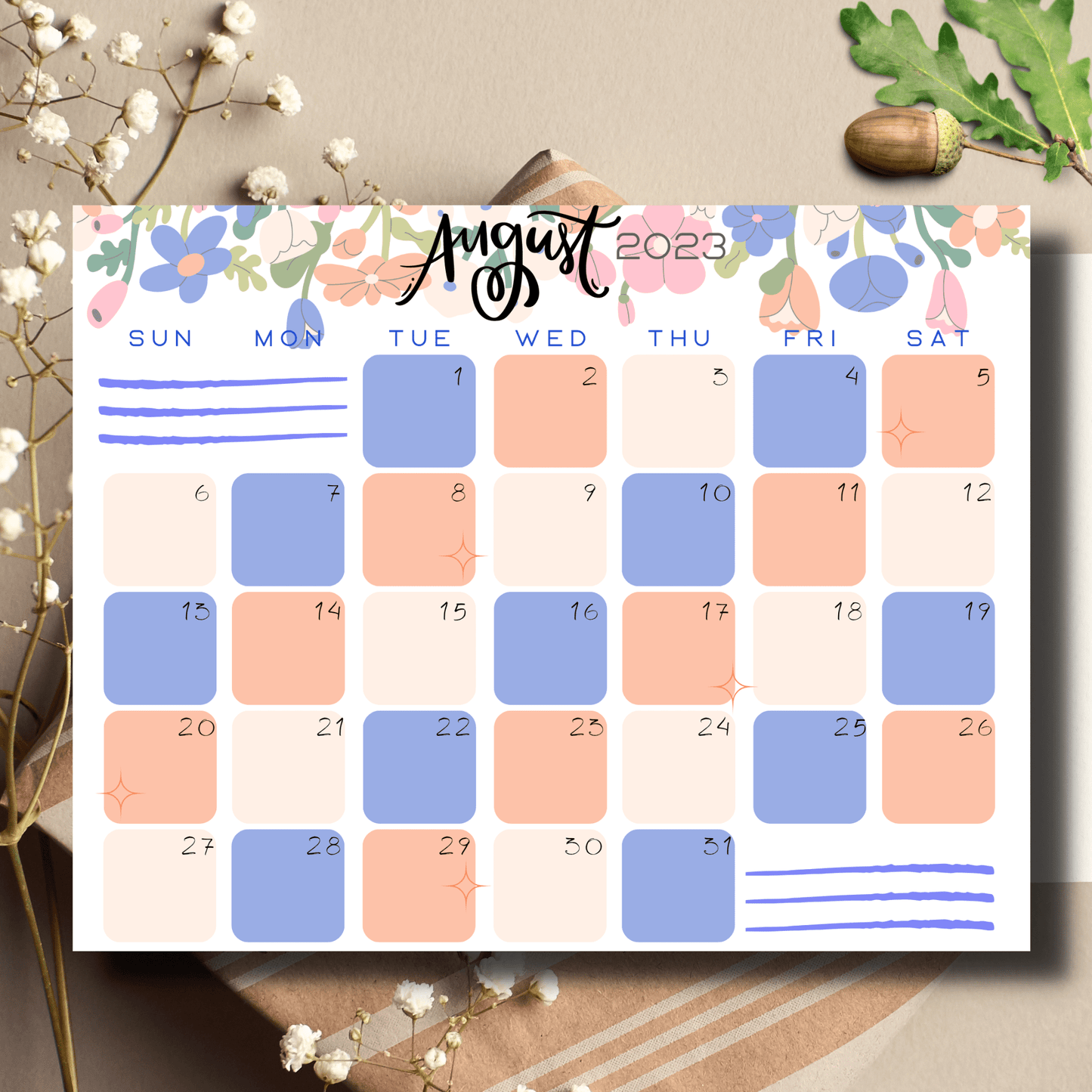 Floral-themed August 2023 calendar in A4 PDF format, designed for seamless integration with planners and Good Notes.