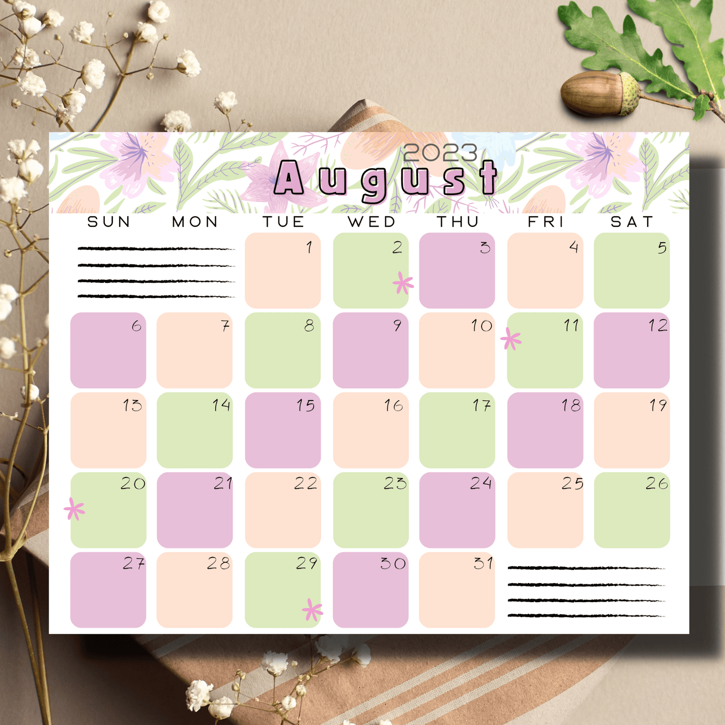 Free printable August 2023 calendar in A4 size, embellished with old-school floral patterns, designed with kids and school in mind.