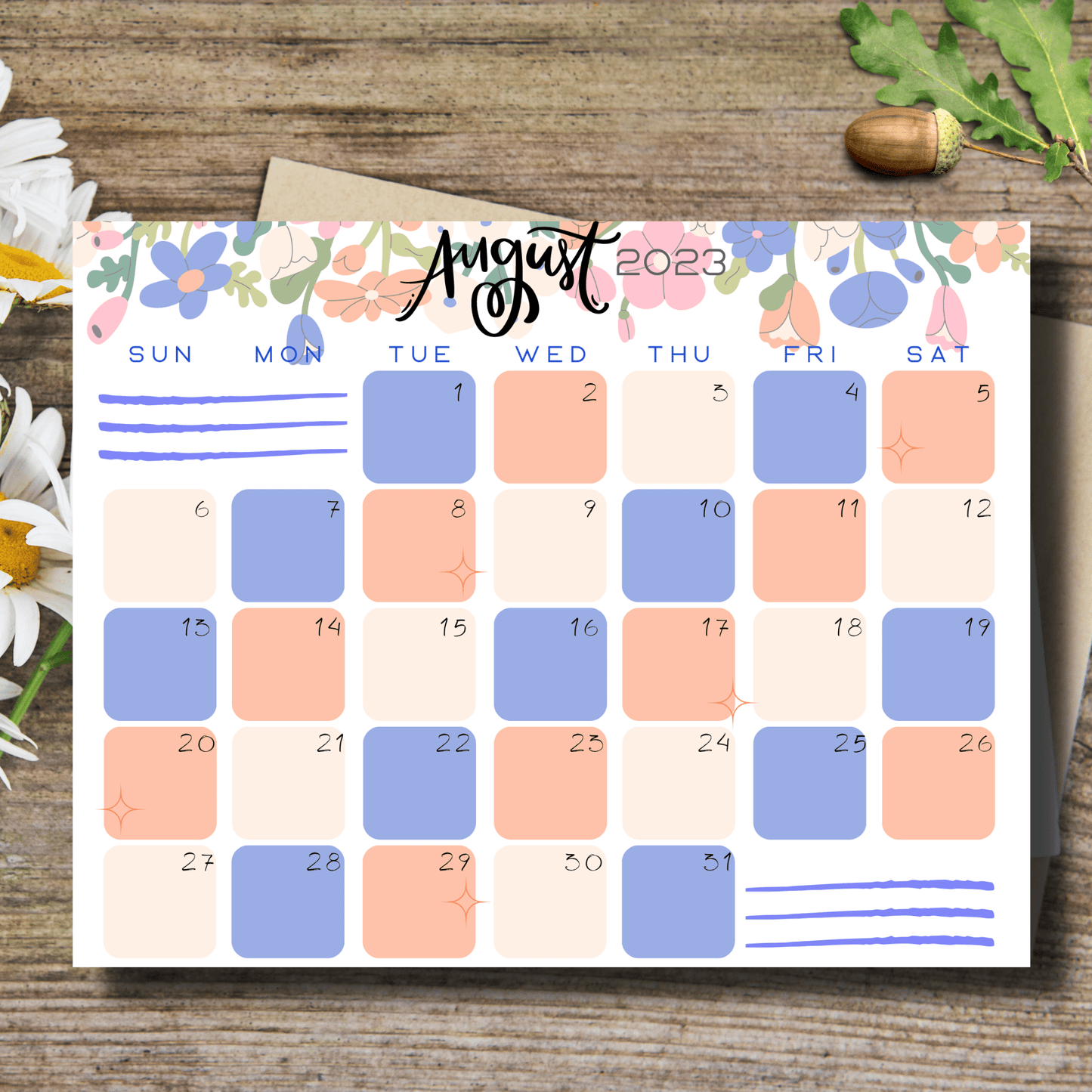 Lush floral designs surrounding a clear, dated August 2023 calendar, formatted for letter-sized landscape views