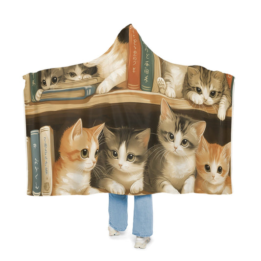 Fluffy Hooded Blanket Adorable Cats on Book Shelve (203 x 140 cm) for Cat Lovers