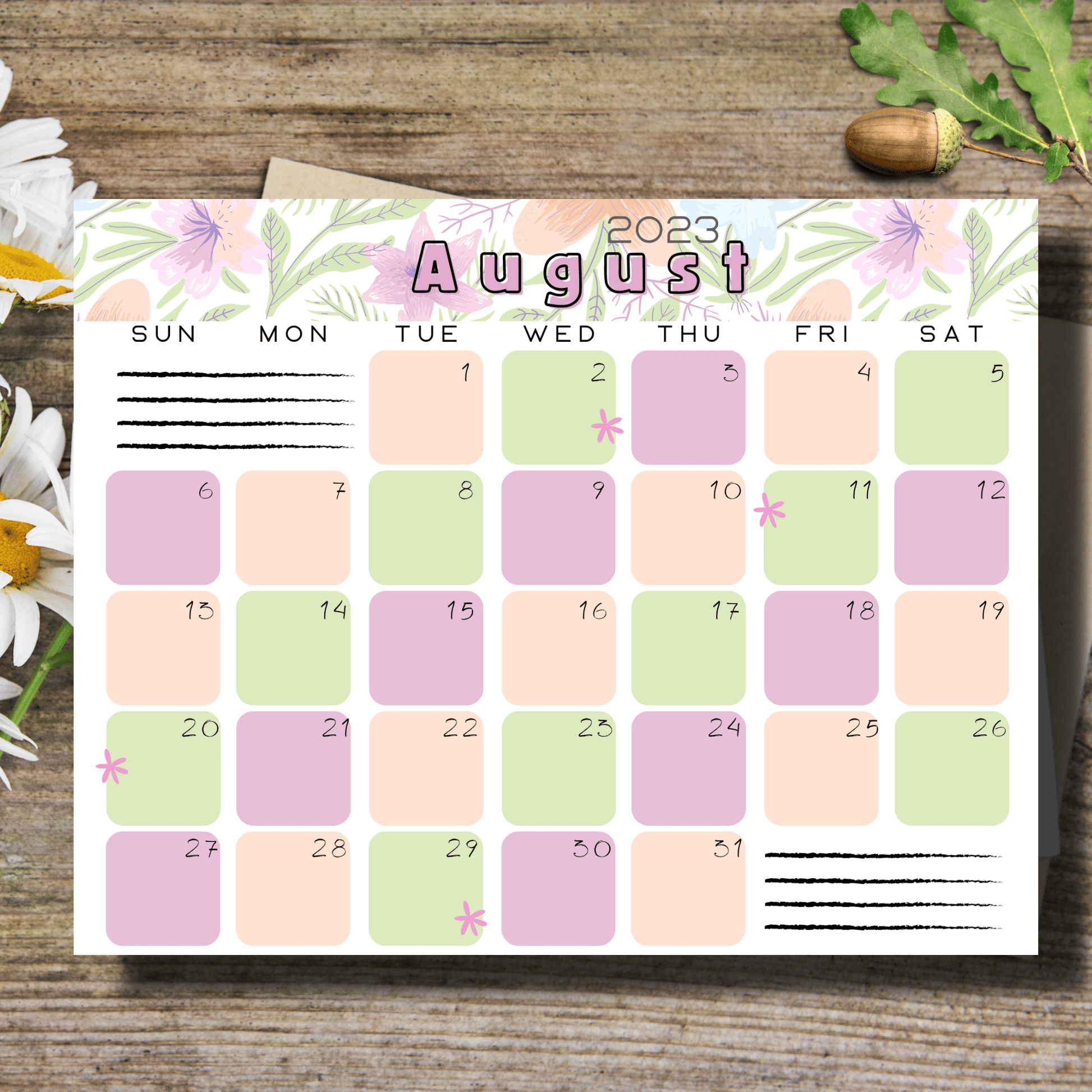 free August 2023 school calendar with a blend of modern layout and retro flowers, perfect for kids' academic and extracurricular planning.