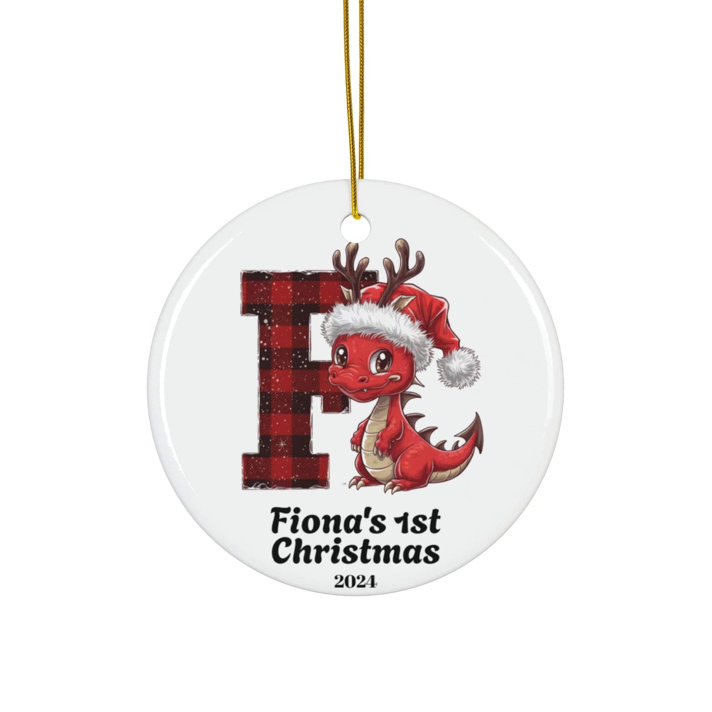 Red & Black Cute Dinosaur Alphabet Custom Christmas Ceramic Ornament Initial "F" 2024 (3mm) - Circle Shape | Family Keepsake Gift