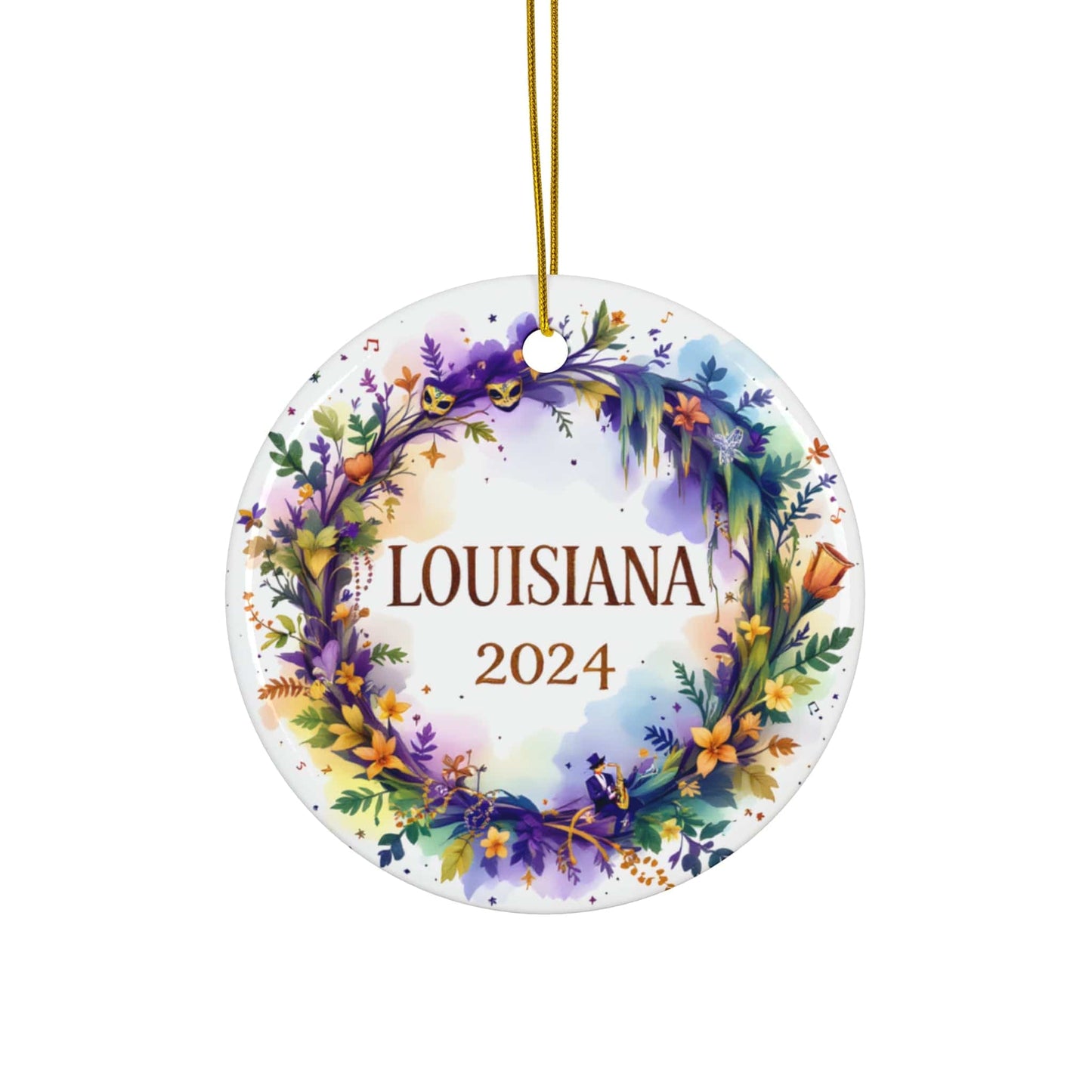 2024 Louisiana State Ornament - Purple Gold Ceramic Circle Bauble (3mm) | Unique Artist-Designed Gift for Christmas, Home Decor, Collectors & Travel Enthusiasts