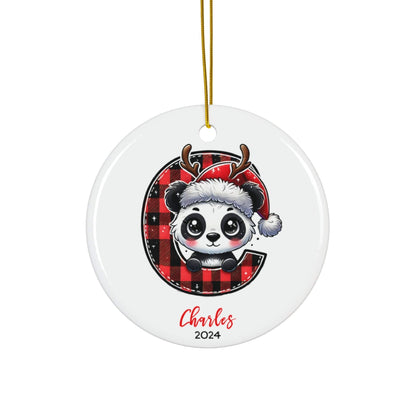 Red & Black Plaid Panda "C" Alphabet Letter Custom Christmas Ornament 2024 (3mm) - Circle Shape | Personalized Name Keepsake Gift