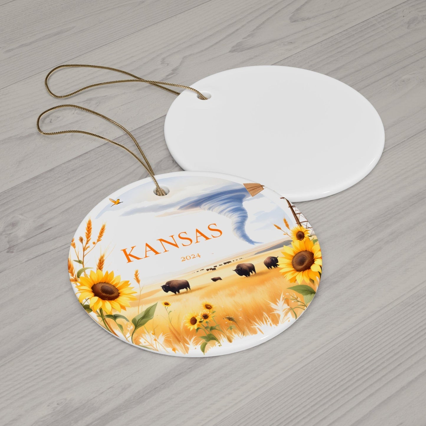 2024 Wheat Gold KANSAS State Ceramic Ornament - Unique Artist-Designed Circle Bauble (3mm) | Year-Round Gift for Home Decor, Collectors & Travel Enthusiasts