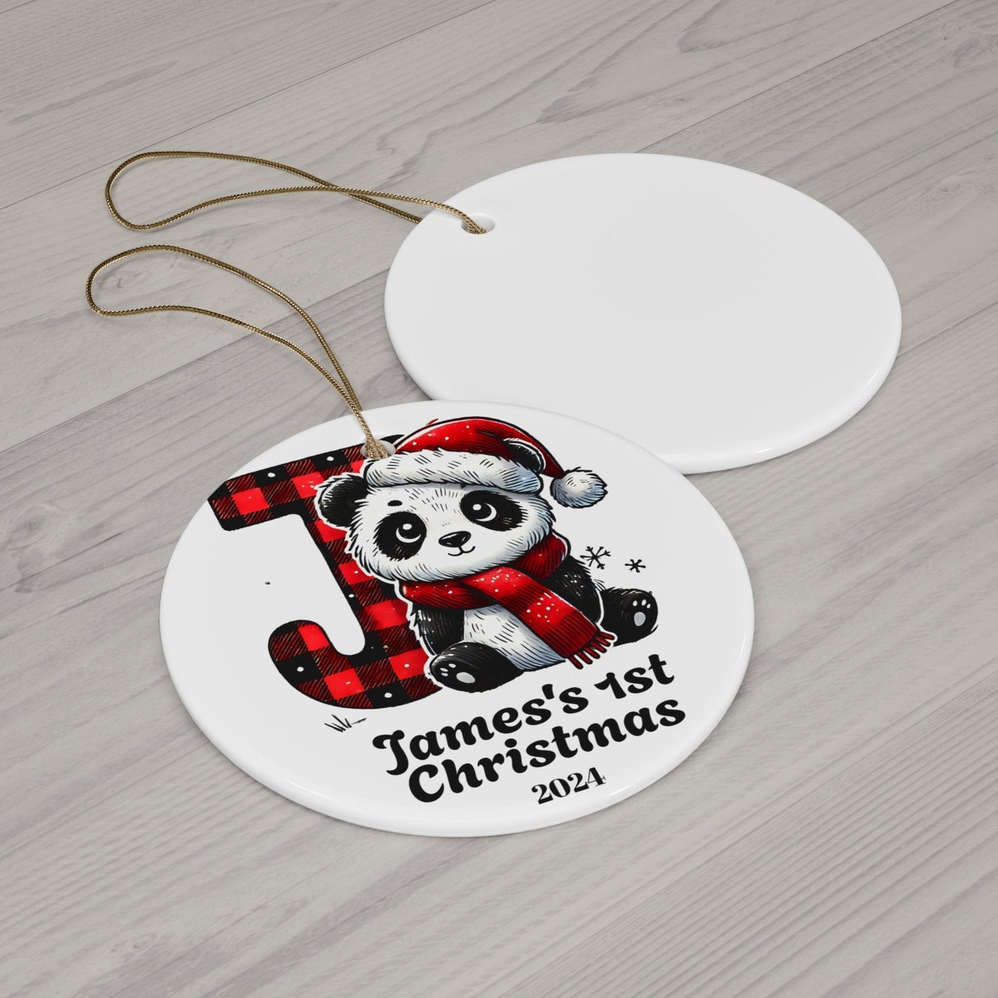 Red Black Custom Name Panda Themed "J" Initial Monogram Flat Circle Ceramic Ornament 2024 (3mm) | Family Baby Name Keepsake Gift