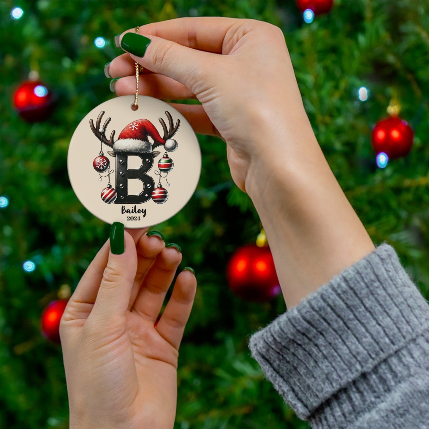 Beige "B" Letter Name Personalized Christmas Porcelain Ornament 2024 (3mm) - Circle Shape | Holiday Keepsake Tree Decoration