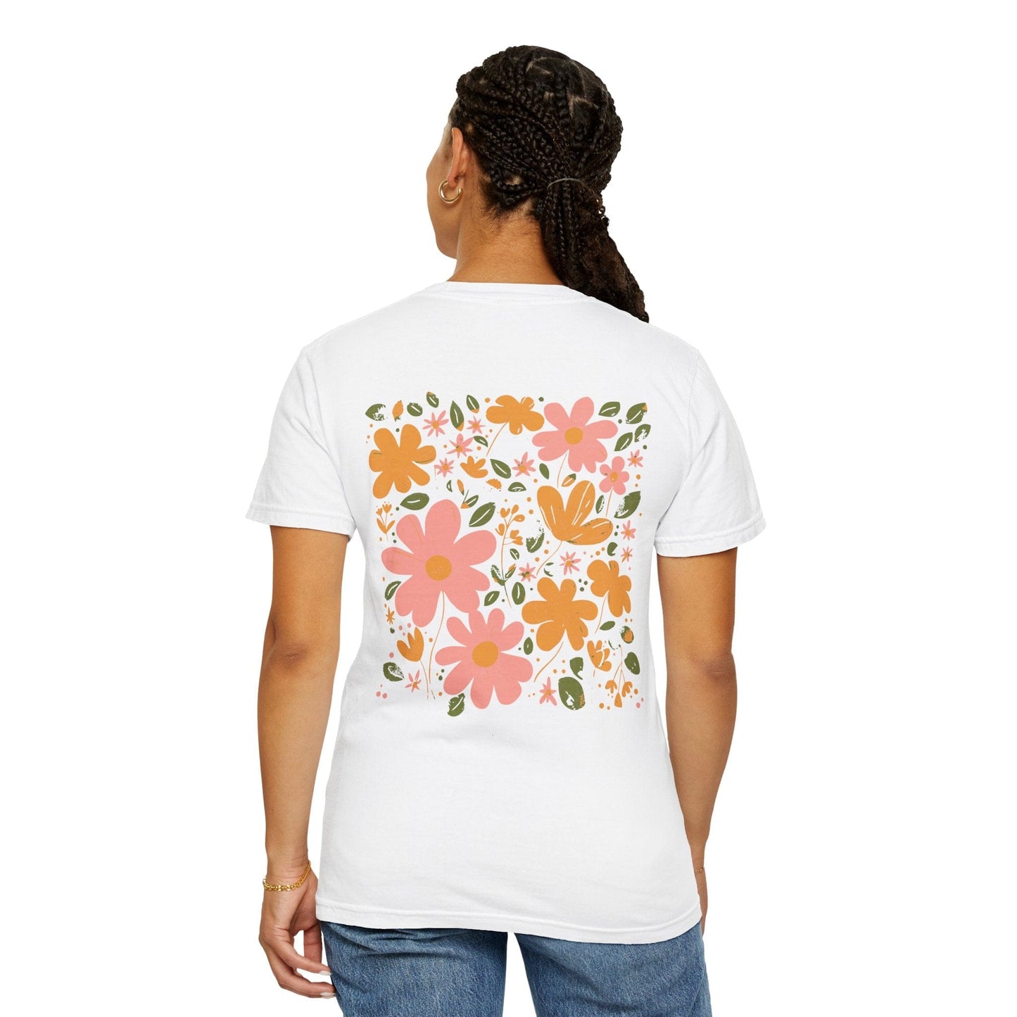 Flower Market Back Print Graphic Tee for Women - White/Ivory, Boho Floral Nature Shirt