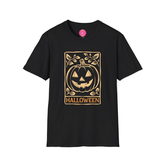 Minimalist Retro Halloween Pumpkin Fall Winter Classic Fit Print Tee Shirt for Women/Men XS-5XL - Black #G6400