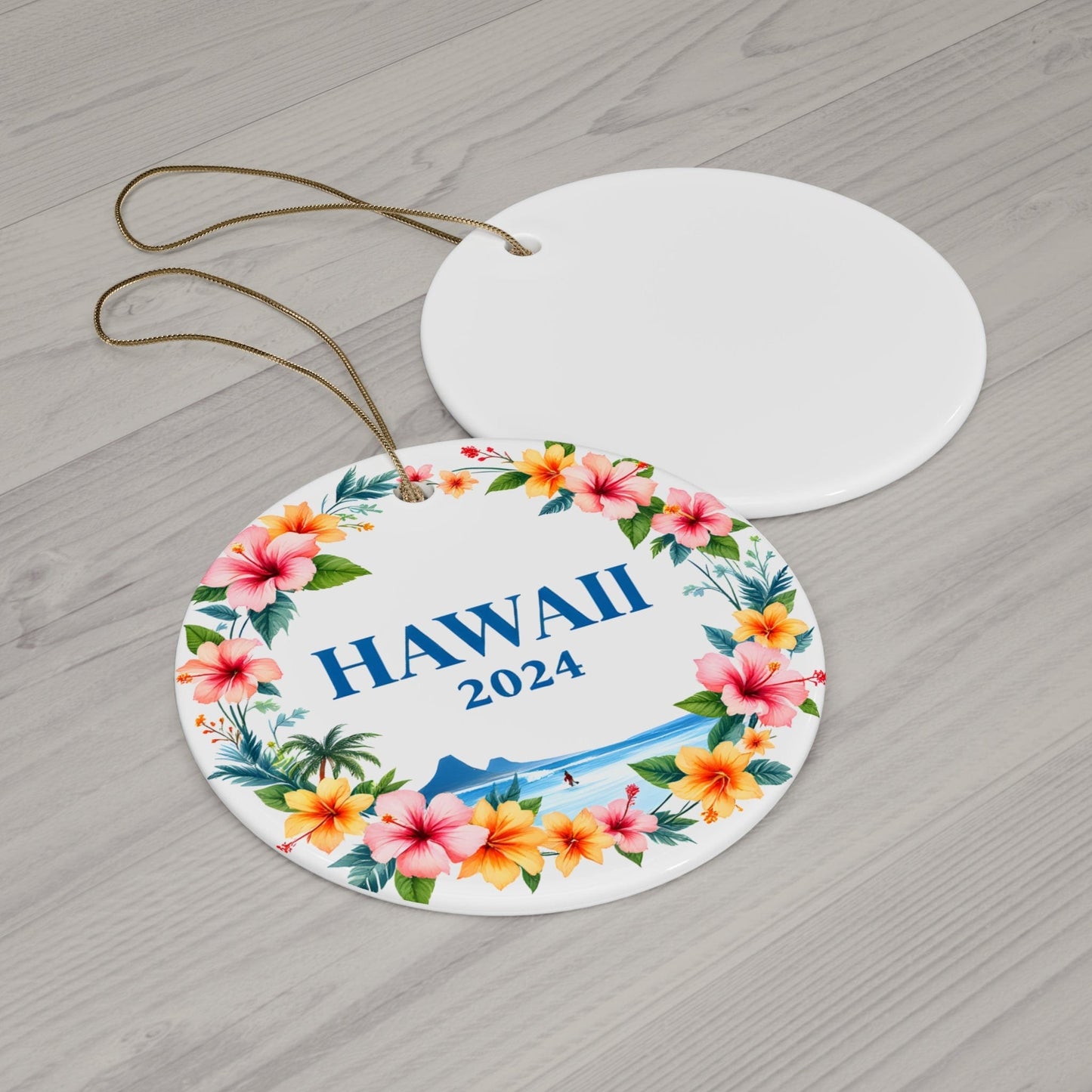 2024 Blue Orange HAWAII State Ceramic Christmas Ornament - Unique Artist-Designed Flat Circle Bauble (3mm) | Perfect Gift for Family, Friends & Coworkers