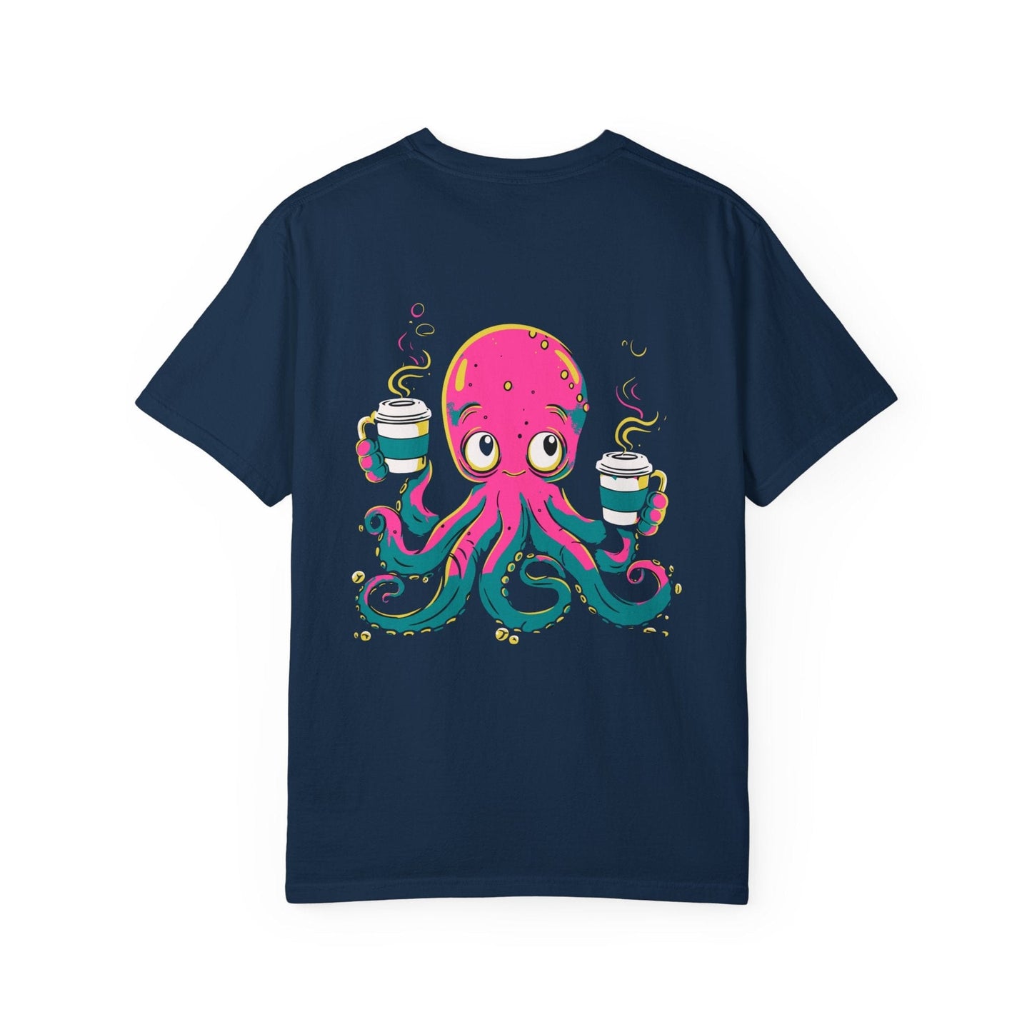Funny Coffee Octopus Cotton Graphic T-shirt Back Print Unisex - Black/True Navy, Coffee Drinker Shirt