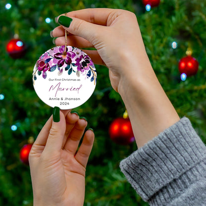 Purple White Minimalist Married Mr Mrs Customized Circle Ceramic Bauble for Christmas 2024 (3mm) | Husband & Wife Wedding Gift First Christmas Tree