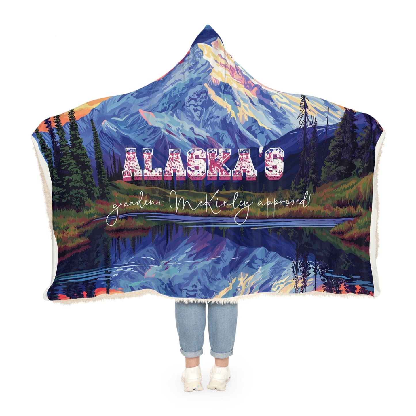 Alaska's Grandeur Fleece Sherpa Hoodie (203 x 140 cm) with Custom Name - Large Wearable Blanket for Her - Stained Glass Effect