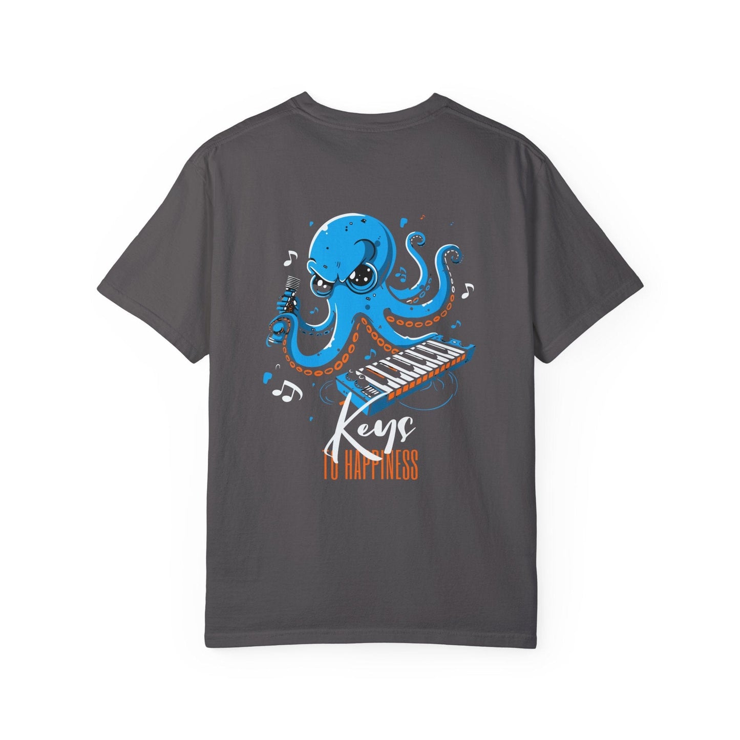 Keys to Happiness Oversized Funny Octopus Graphic Tee Back Print Unisex - Black/Graphite, Gift for Paino Lover