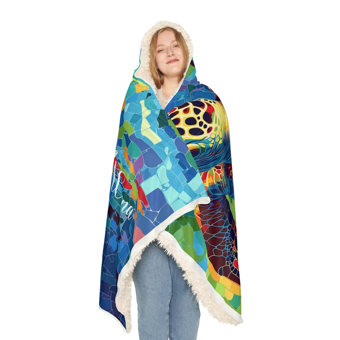 Fleece Soft Hooded Blanket Sea Turtle (203 x 140 cm) with Custom Name - Oversized Wearable Blanket for Women