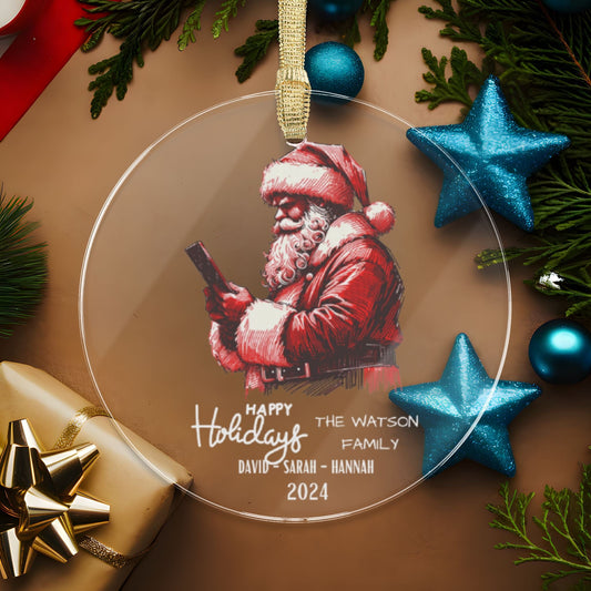 Red White Custom Family Name Acrylic Ornament for Christmas with Reading Santa Illustration (3.5inch) - Circle Shape | Xmas Keepsake Gift for Family, Friends, Coworkers, Employees