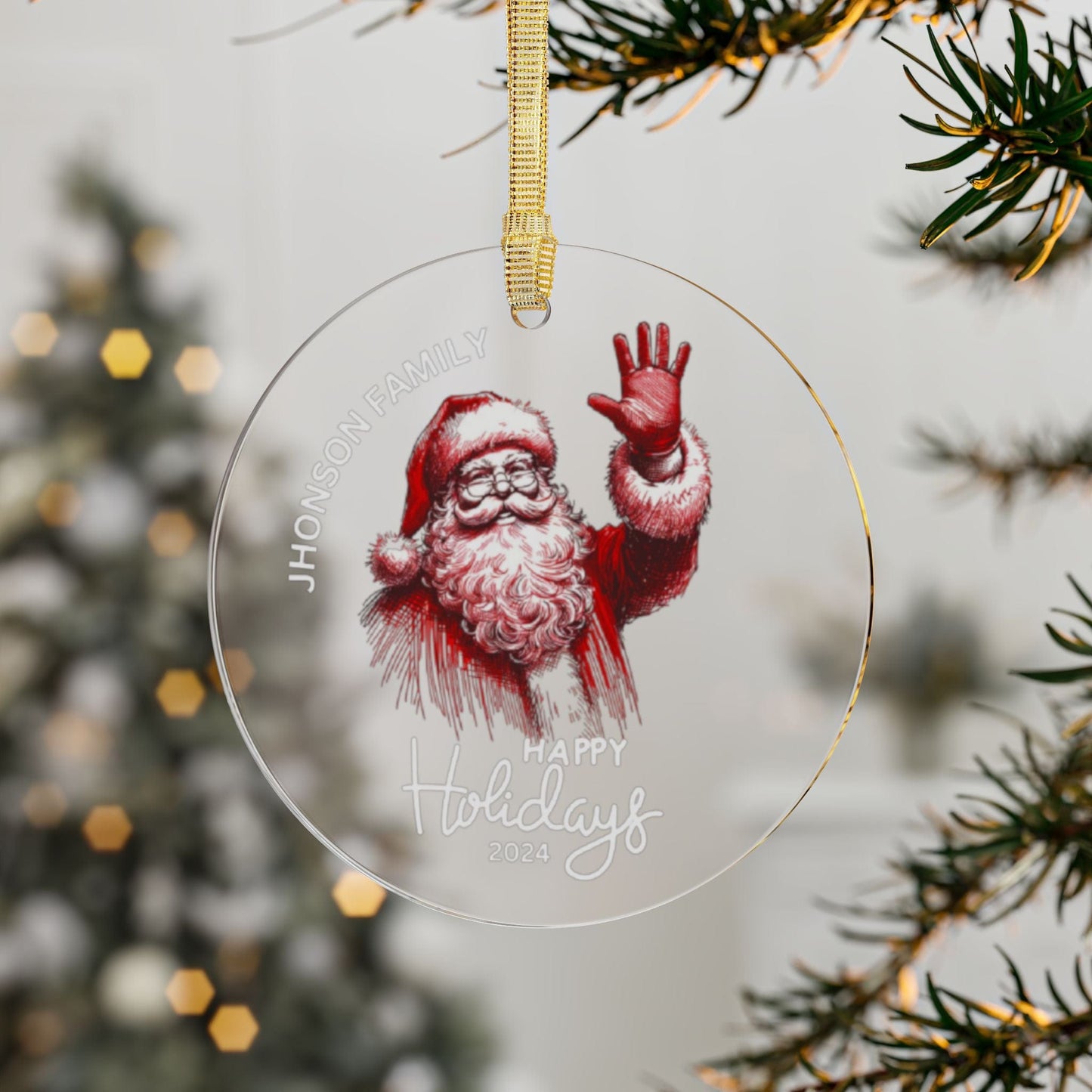 Red White 2024 Custom Family Name Acrylic Ornament for Christmas Waving Santa Happy Holidays (3.5inch) - Circle Shape | Unique Holiday Gift Decor