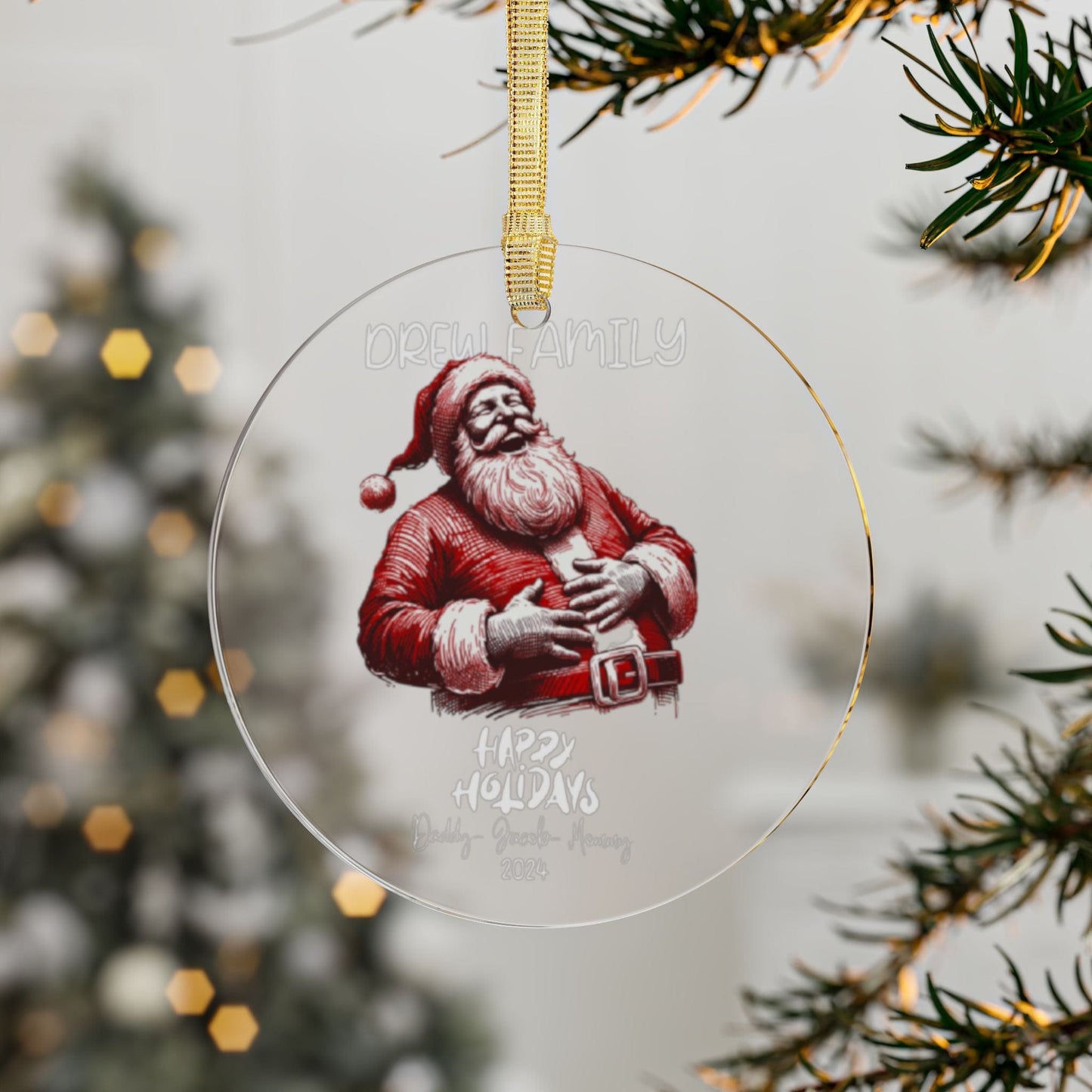 Red White Customized Acrylic Family Tree Ornament with Names for Christmas Featuring Laughing Santa (3.5inch) - Circle Shape | Our First Christmas Gift for Family, Friends, Coworkers, Employees