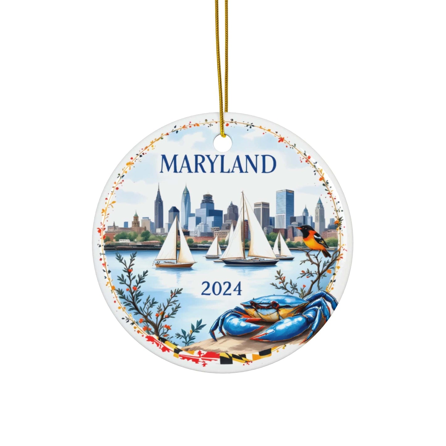 2024 Orange Blue MARYLAND State Ceramic Bauble - Unique Artist-Designed Circle Bauble (3mm) | Unique Artist-Designed Gift for Christmas, Home Decor, Collectors & Travel Enthusiasts