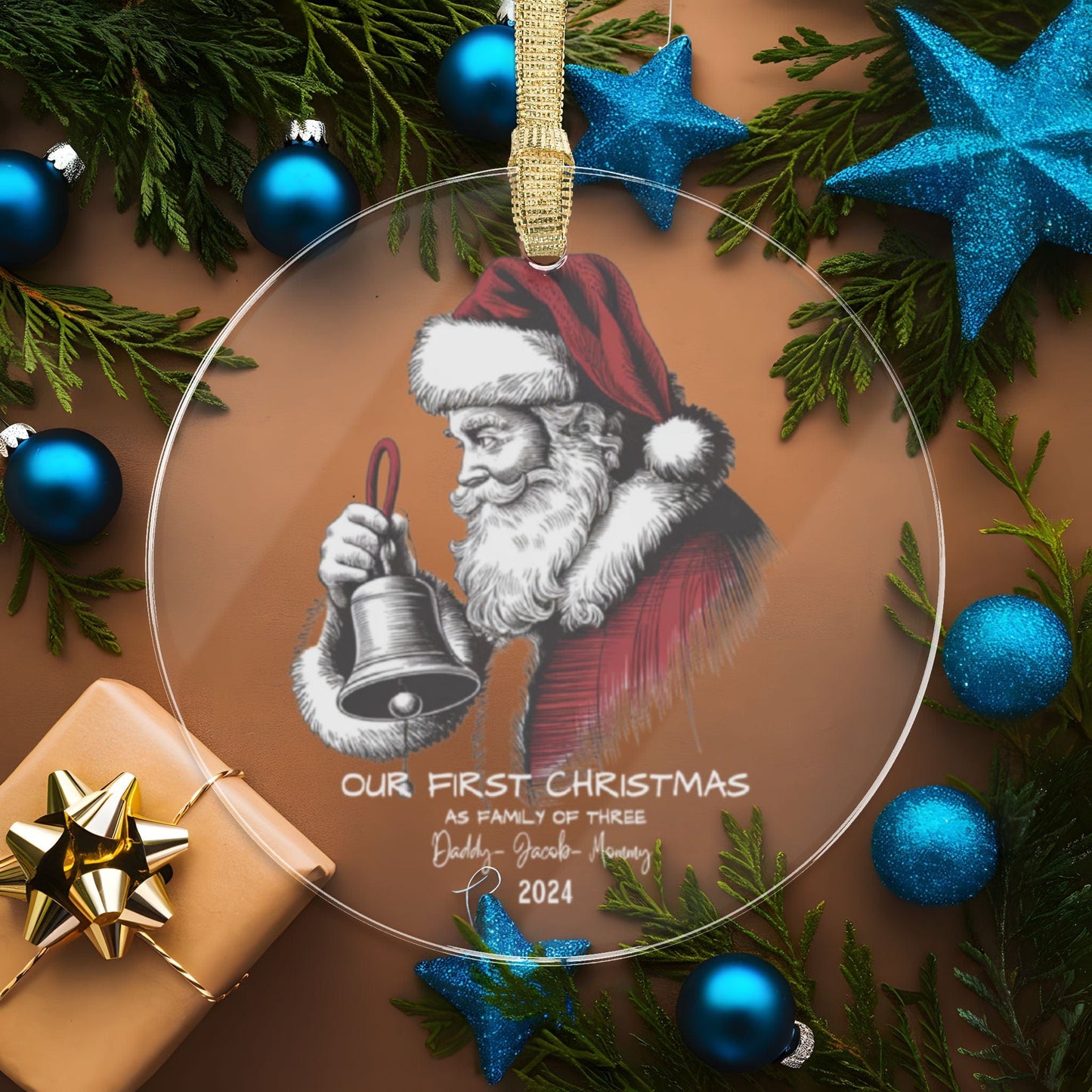 Red White Custom Engraved Family Name Clear Acrylic Bauble for Christmas Featuring Santa with Bell (3.5inch) - Circle Shape | Unique Holiday Gift Decor