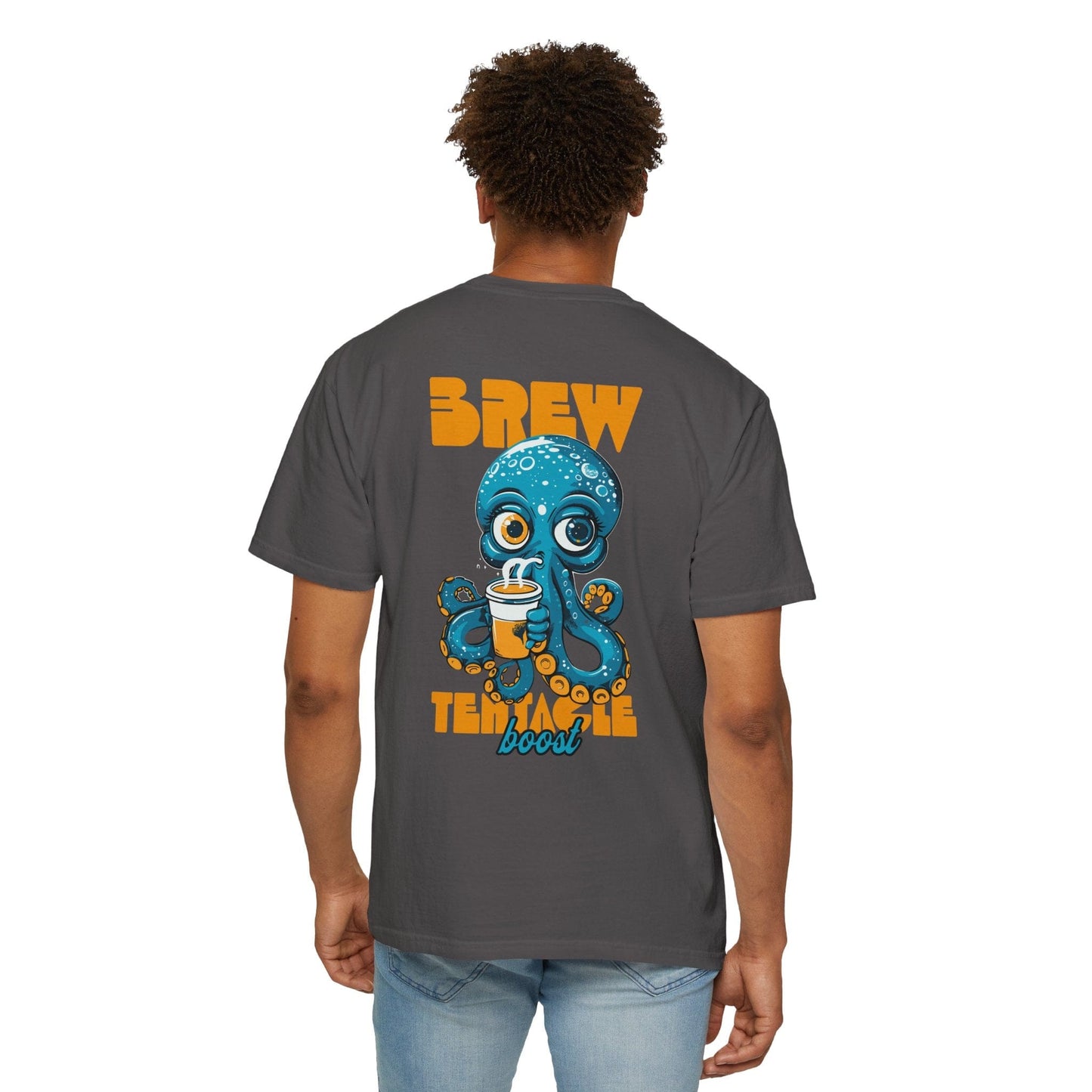 Funny Brewing Octopus Cotton Graphic T-shirt Back Print Unisex - Graphite/Pepper, Trendy Coffee Lover Shirt