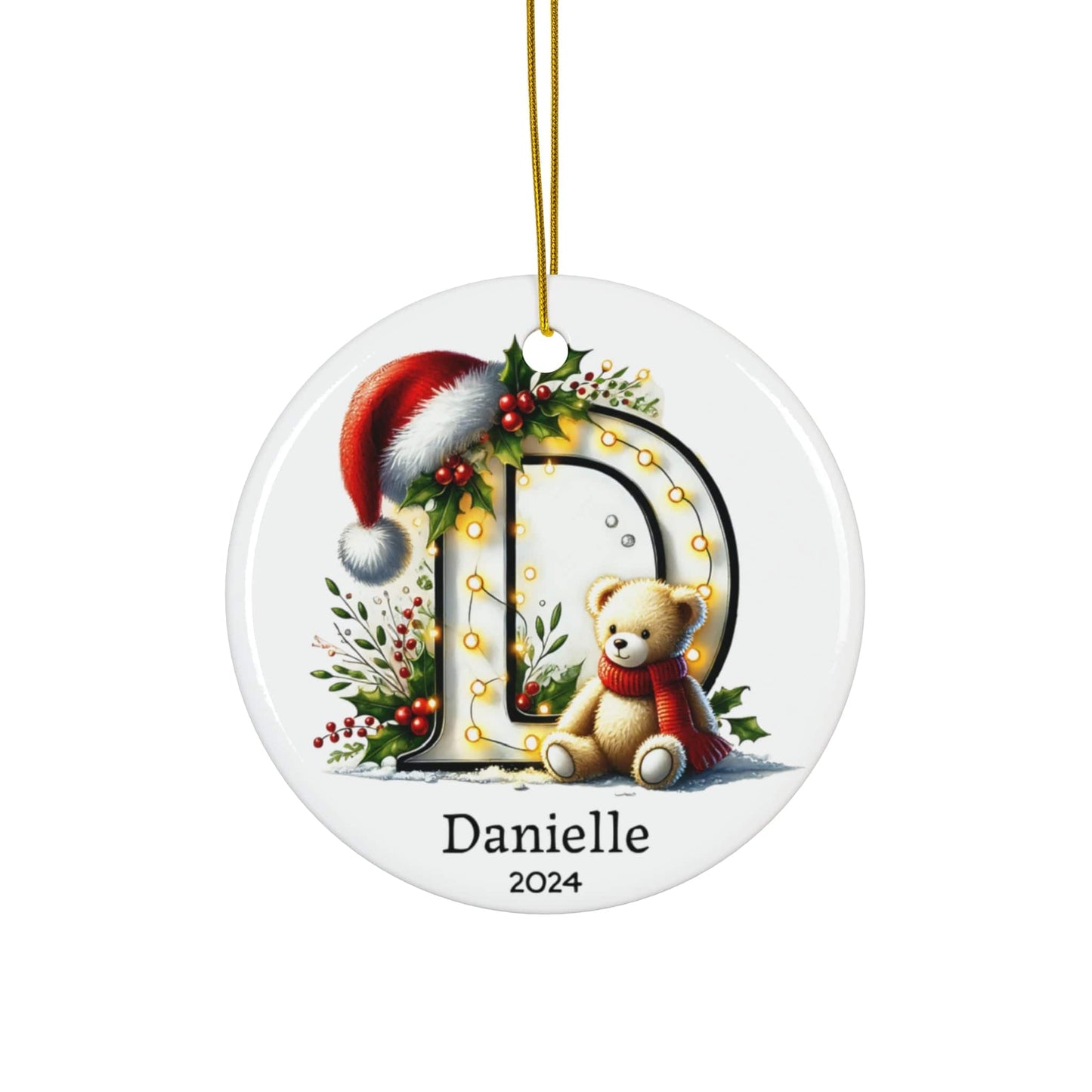 White Golden Letter "D" Bear Name Custom Christmas Ceramic Ornament 2024 (3mm) - Circle Shape | Name Hanging Initials