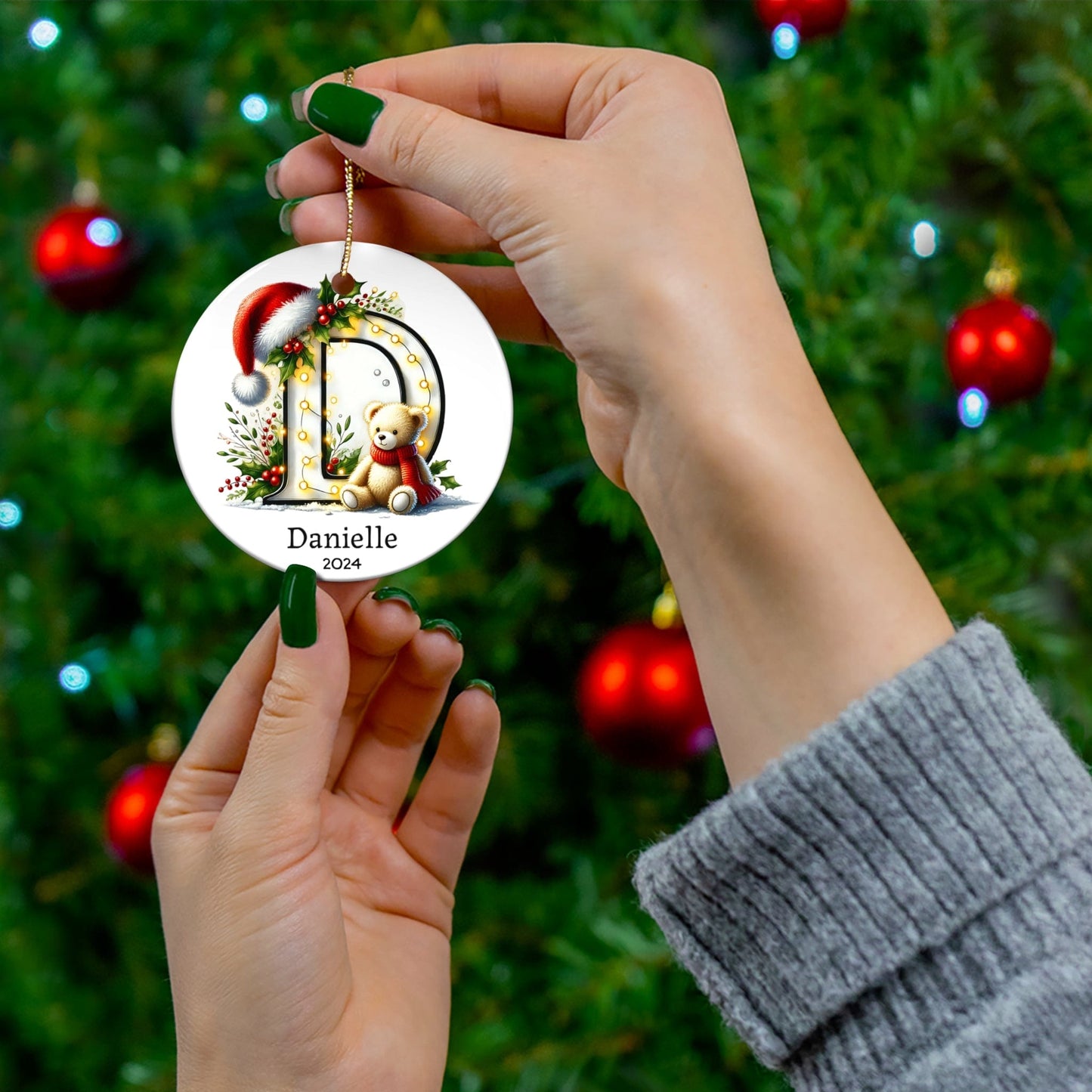 White Golden Letter "D" Bear Name Custom Christmas Ceramic Ornament 2024 (3mm) - Circle Shape | Name Hanging Initials