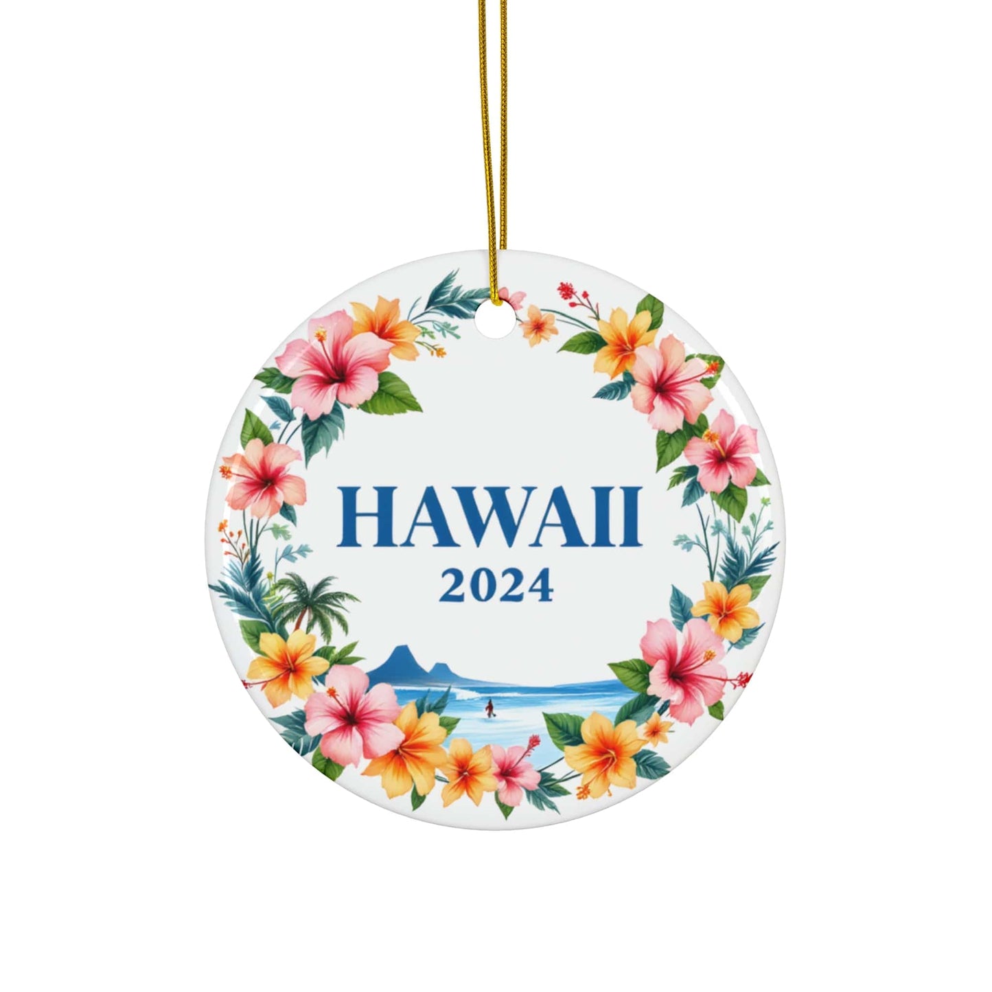 2024 Blue Orange HAWAII State Ceramic Christmas Ornament - Unique Artist-Designed Flat Circle Bauble (3mm) | Perfect Gift for Family, Friends & Coworkers