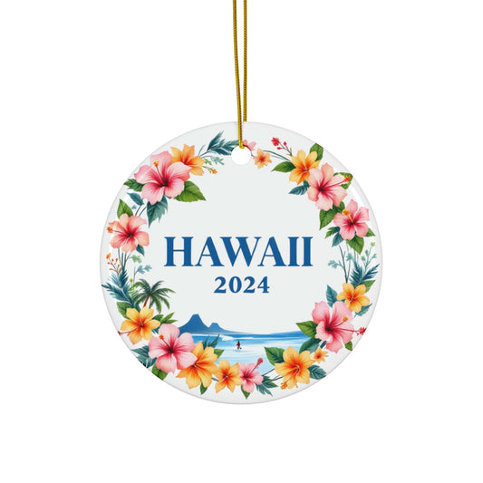 2024 Blue Orange HAWAII State Ceramic Christmas Ornament - Unique Artist-Designed Flat Circle Bauble (3mm) | Perfect Gift for Family, Friends & Coworkers