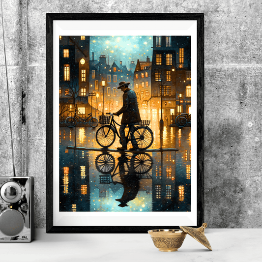 2023 Printable Aesthetic Painting of a Man with Flat Cap Standing Beside Landmark Amsterdam Street Houses Digital Ambiance Wall Hanging Home Decor Digital Download