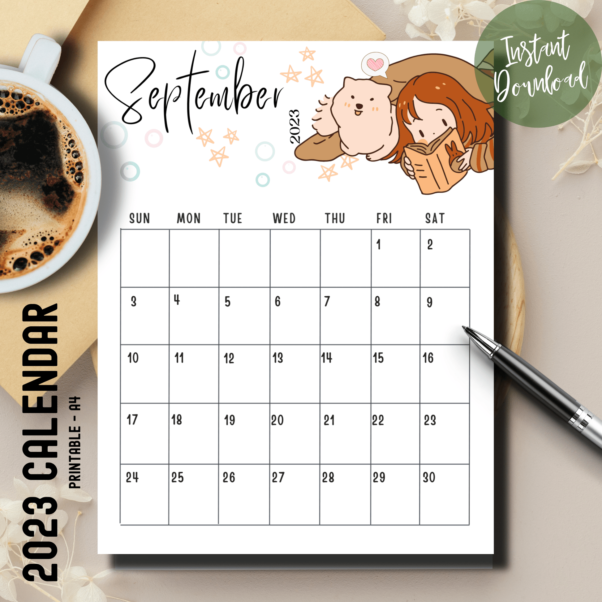 Blank A4-sized September 2023 calendar with chibi illustrations, offering an engaging way for children to plan their month.