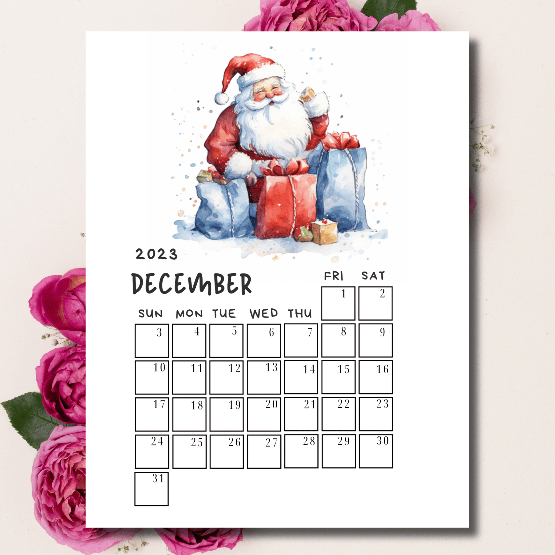 A4-sized printable calendar for December 2023 adorned with a vivid Santa illustration, accented with pink flowers.