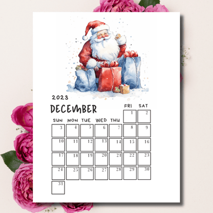 A4-sized printable calendar for December 2023 adorned with a vivid Santa illustration, accented with pink flowers.